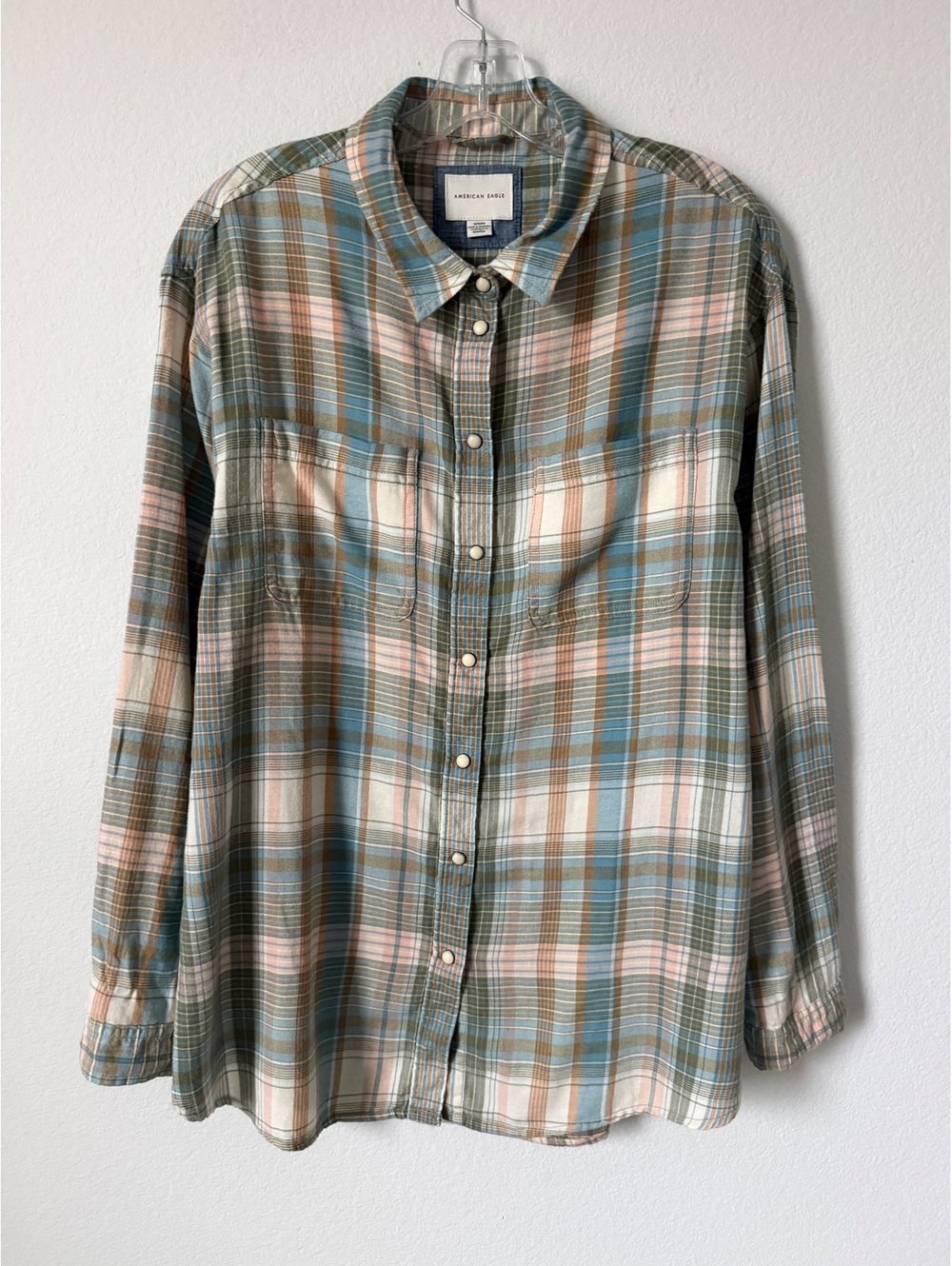American Eagle Multicolor Plaid Long Sleeve Snap Button Oversized Shirt Size M